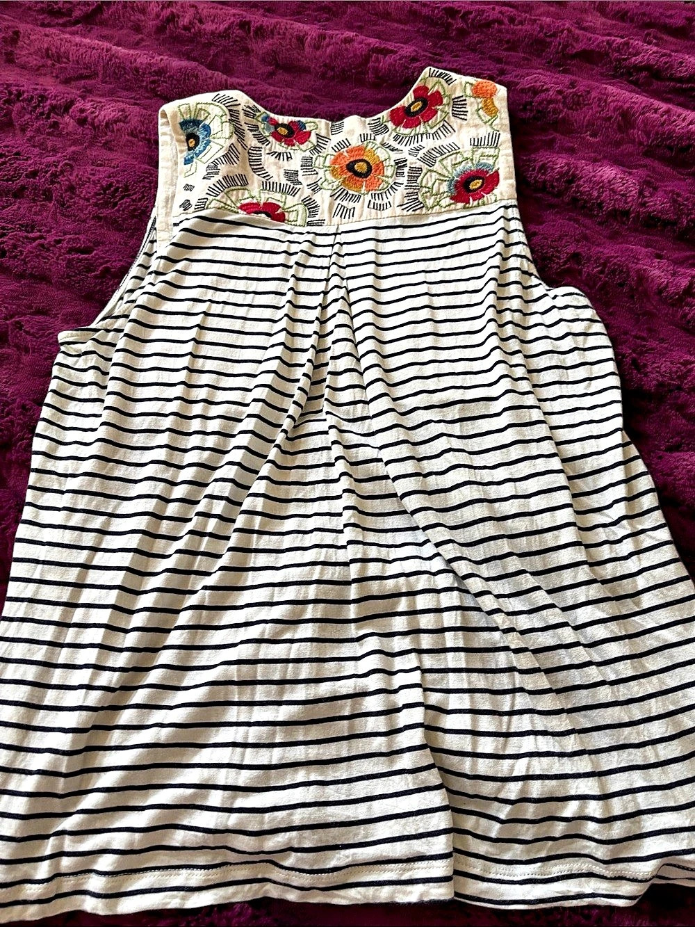 TINY Embroidered Striped flowing shirt in cream & Blue Size Medium